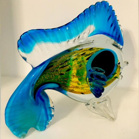 Hand Blown Art Glass Blue Green Yellow Saltwater Fish Paperweight Murano Style - Picture 5 of 11